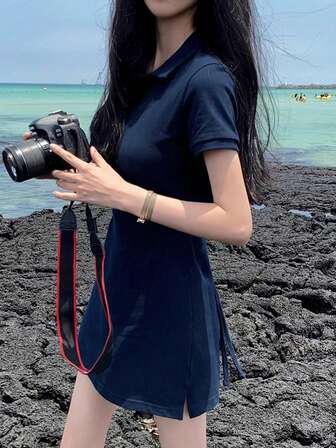 2025新款女士夏装修身休闲设计收腰纯色polo领中长连衣裙