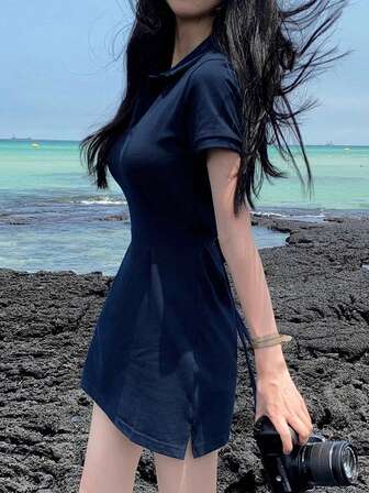 2025新款女士夏装修身休闲设计收腰纯色polo领中长连衣裙