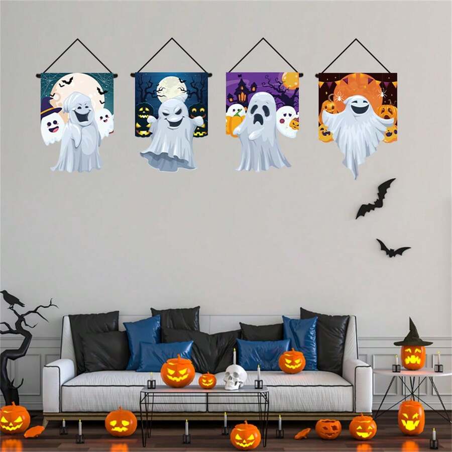 4 件套万圣节恐怖悬挂旗帜，适用于客厅、窗户、户外花园、鬼魂、南瓜、派对装饰、亡灵节、奇怪的酒吧入口 - 彩色 - 查看 1