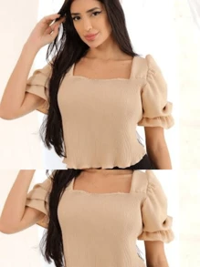Shein Duna Fabric Blouse With Puff Sleeve Assorted Colors Square Collar Short Sleeve Bow On The Back Women's Shirt - 米色 - 查看 3