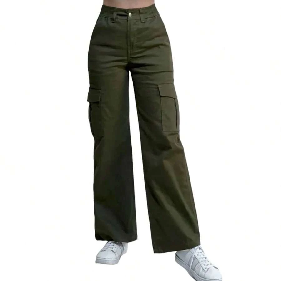 Pantalón Cargo Holgado Recto De Moda Para Mujer De Gabardina - Verde Oliva - Ver 1
