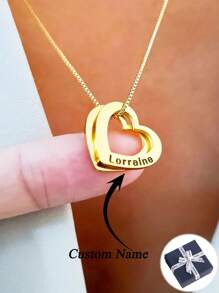 Women's Customized Name Necklace, Stainless Steel Heart-Shaped Engraved Name, 1-8pcs Name Pendant Necklace Set, Family Jewelry Necklace, 3 Chain Options, Necklace, Girlfriend Gift, Birthday Gift, Anniversary Gift, Valentine's Day Gift, Silver, Fashion, Colorful, Vintage, Minimalist, Unisex, Casual, Cute, Customizable, Personalized, Unique, Ideal Gift For Him, Ideal Gift For Her - Gold - View 3