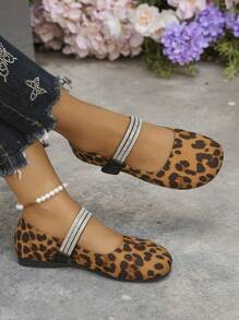Novos sapatos baixos com fivela de strass e bico redondo, confortáveis, antiderrapantes, com estampa de leopardo, marrons, para o verão, uso diário no escritório, sapatos femininos Mary Jane versáteis - estampa de leopardo marrom - Ver 4