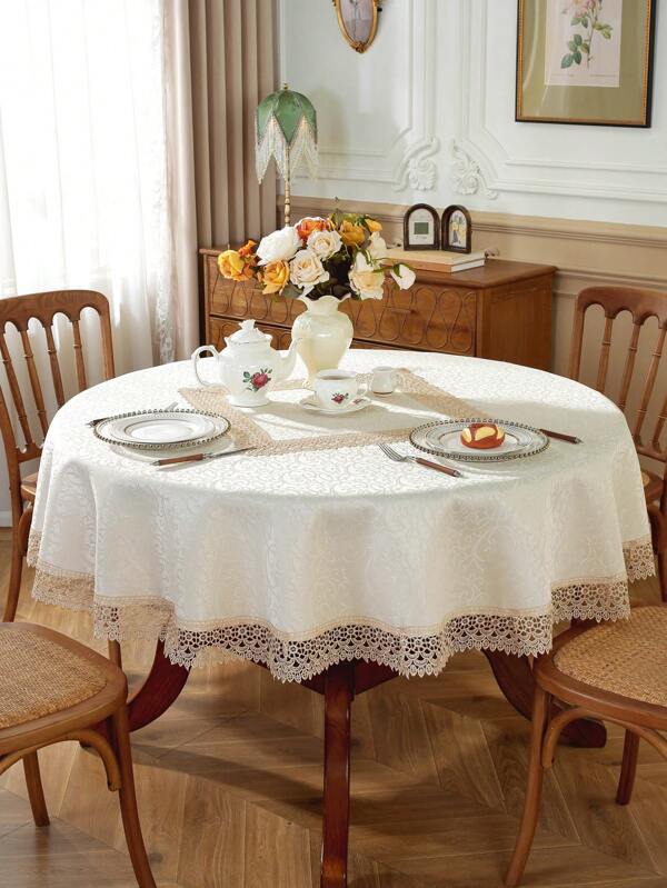 1 pieza Mantel de tela jacquard de satín con borde de encaje soluble en agua, adecuado para cocina, comedor, sala de estar, mesas redondas o cuadradas, en varios tamaños, resistente al calor y a las manchas, para decoración del hogar, días festivos, cumpleaños, villas, eventos al aire libre, fiestas, bodas
