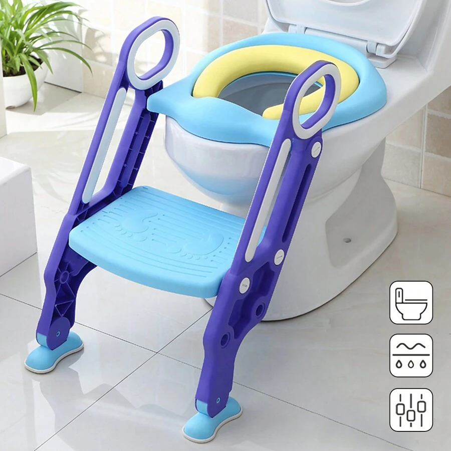 VA-Cerulean Potty Trainer For Children 1-7 Years - Height Adjustable Toilet Trainer With Stairs, PU Padded, Non-Slip Pedal, Foldable Toilet Seat - Green/Blue, Purple/Blue - Blue + Purple - View 1