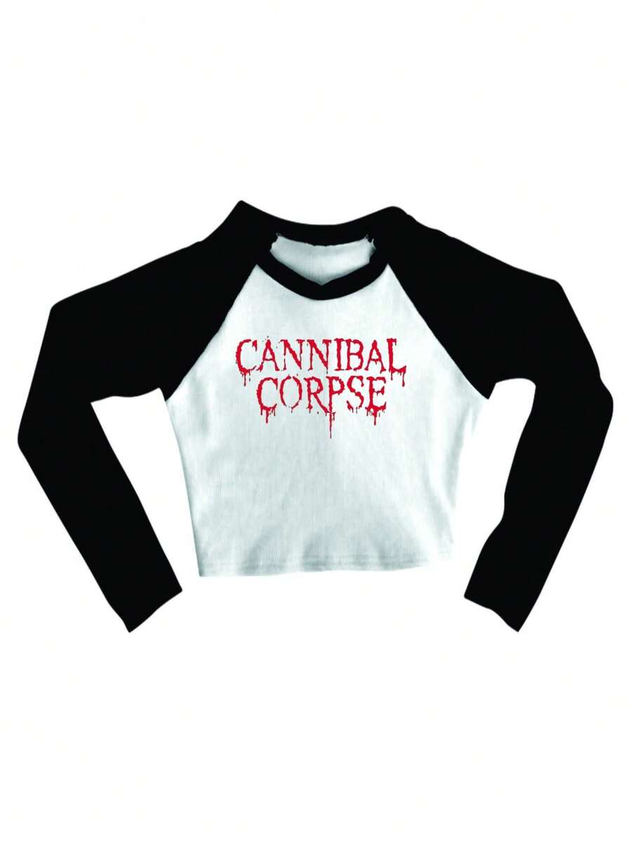Cropped Raglan Winter Feminino Tumblr Blogger Cannibal Corpse Feminine Long Sleeve - 黑與白 - 查看 1