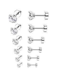 6pcs/Set 3mm - 8mm Hypoallergenic Flat Back Earrings For Women & Men, Silver Stainless Steel Stud Earrings With Cubic Zirconia Birthstone, Suitable For Sensitive Ears