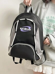 1pc Black Nylon Casual Schoolbag, Large Capacity Foldable Drawstring Zipper Backpack, Suitable For Teenagers, Middle School, High School And College Students, Graduates, Daily Classes, Training, Women, Commuting, Shopping, Travel And Vacation, Back To School And Graduation Gifts