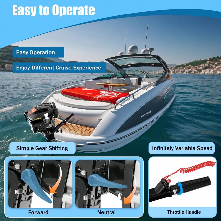 Outboard Motor Engine 6HP Fishing Boat 4 Stroke Outboard Engine Air Cooling Motor 6HP 4 Stroke Heavy Duty Outboard Motor Marine Boat Engine Air Cooling 2500RPM - Black - View 1