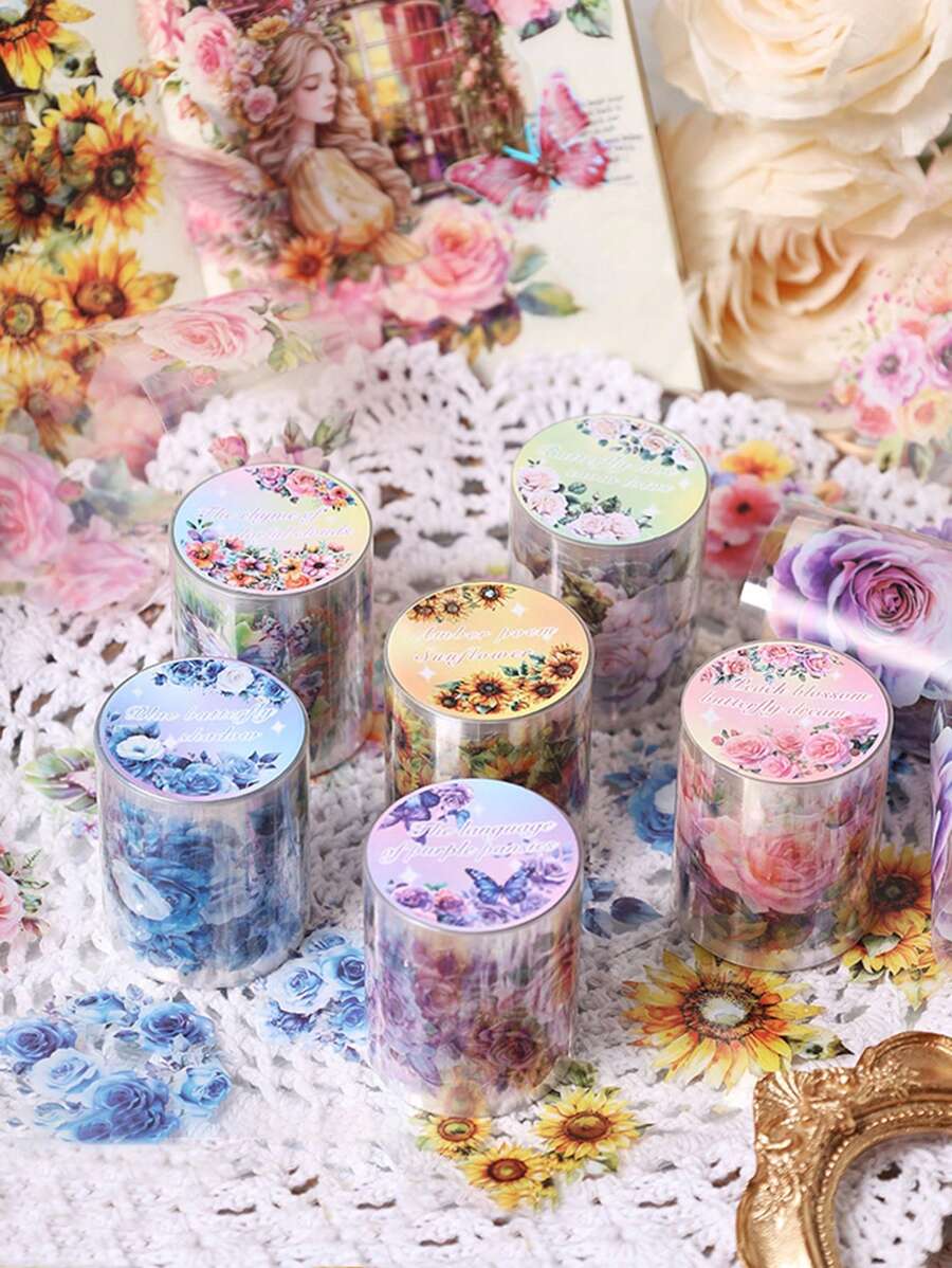 1 Roll/6 Rolls, Butterfly Flower Pattern Stickers, Personalized PET Waterproof Stickers-DIY Handbook Flower Landscaping Lace Sticker Rolls, 2 Meters/78 Inches Per Roll, Decorative Stickers For Back-To-School School School Stationery And Gift Wrapping,School Supplies,Back To School