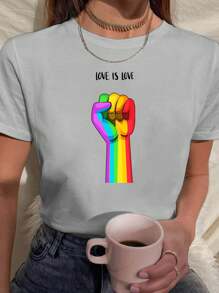 Women's T-Shirt Babylook T Shirt 100% Cotton Love Is Love LGBT Pride Love Fight Diversity Freedom - 灰色 - 查看 1