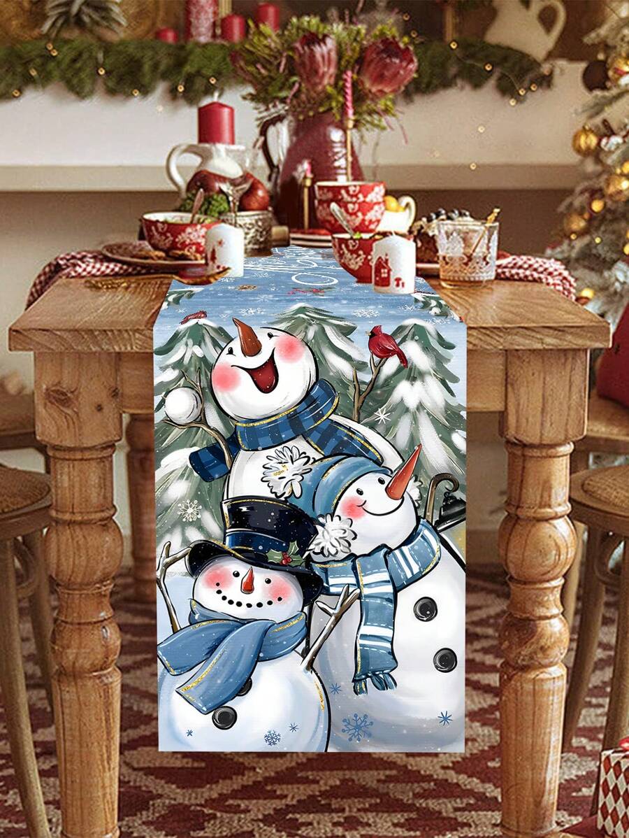 1 件圣诞主题复古乡村风格桌旗，带 3 个雪人元素，涤纶材料，35x180 厘米，适合圣诞节家庭聚会派对桌面中心装饰 - 多圖案 - 查看 1