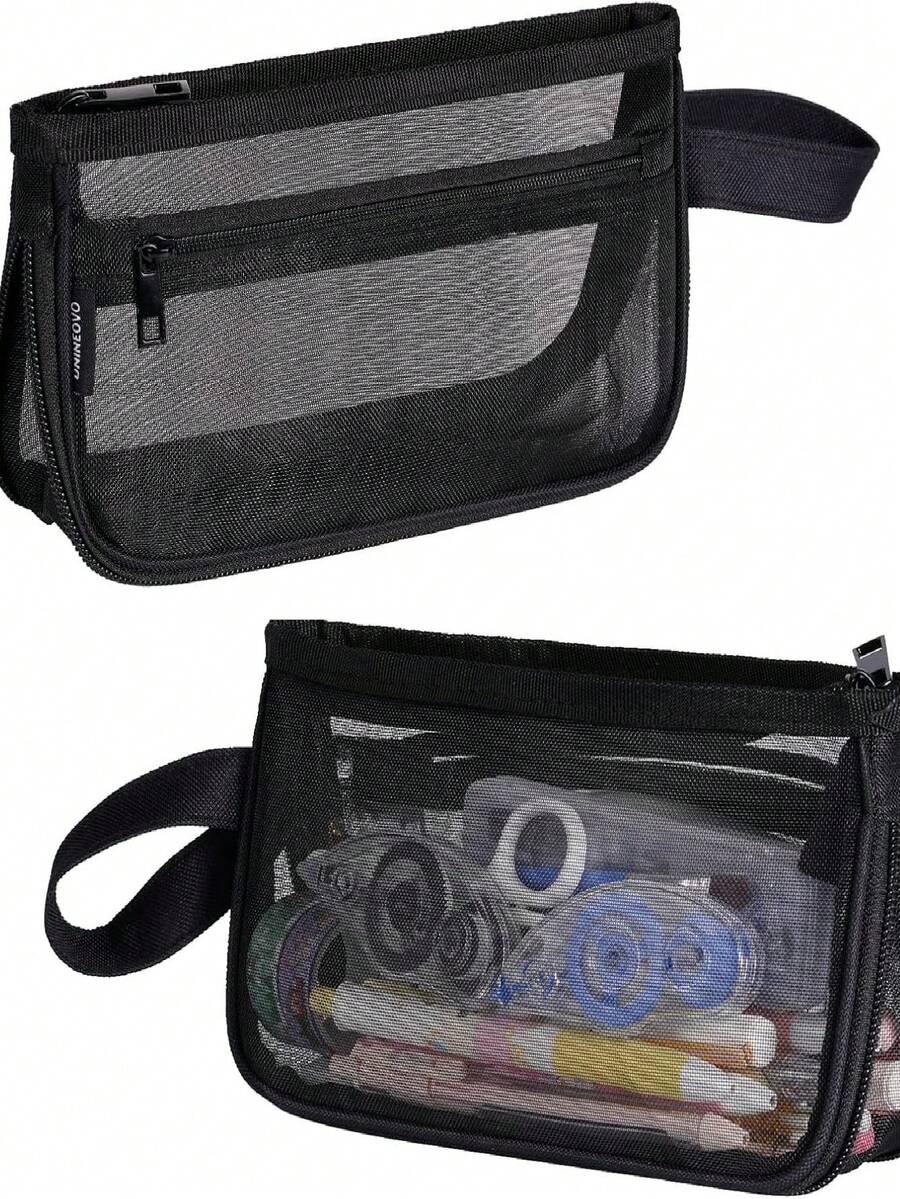 SCIONE Mesh Zipper Pouch Bags, Grid Pencil Case, Large Capacity Black Pencil Bag With Handle, 2-Layer Pen Case Stationary Organizer Bag For Toy, Game, Travel, School & Office Supplies Storage - màu đen - Xem 1