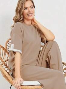 Cuello redondo  Traje de dos piezas para mujer  pantalones anchos traje deportivo  Camisa de verano para mujer suéter de punto de manga larga Blusas de Moda para Mujer:Conjunto de camisa de manga corto y pantalones largos simples de unicolor de 2 piezas - Caqui - Ver 2