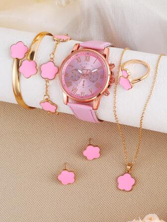 7pcs Set: PU Leather Pink Watch, 4-Leaf Clover Bracelet, Necklace, Earrings And Rings For Girls
