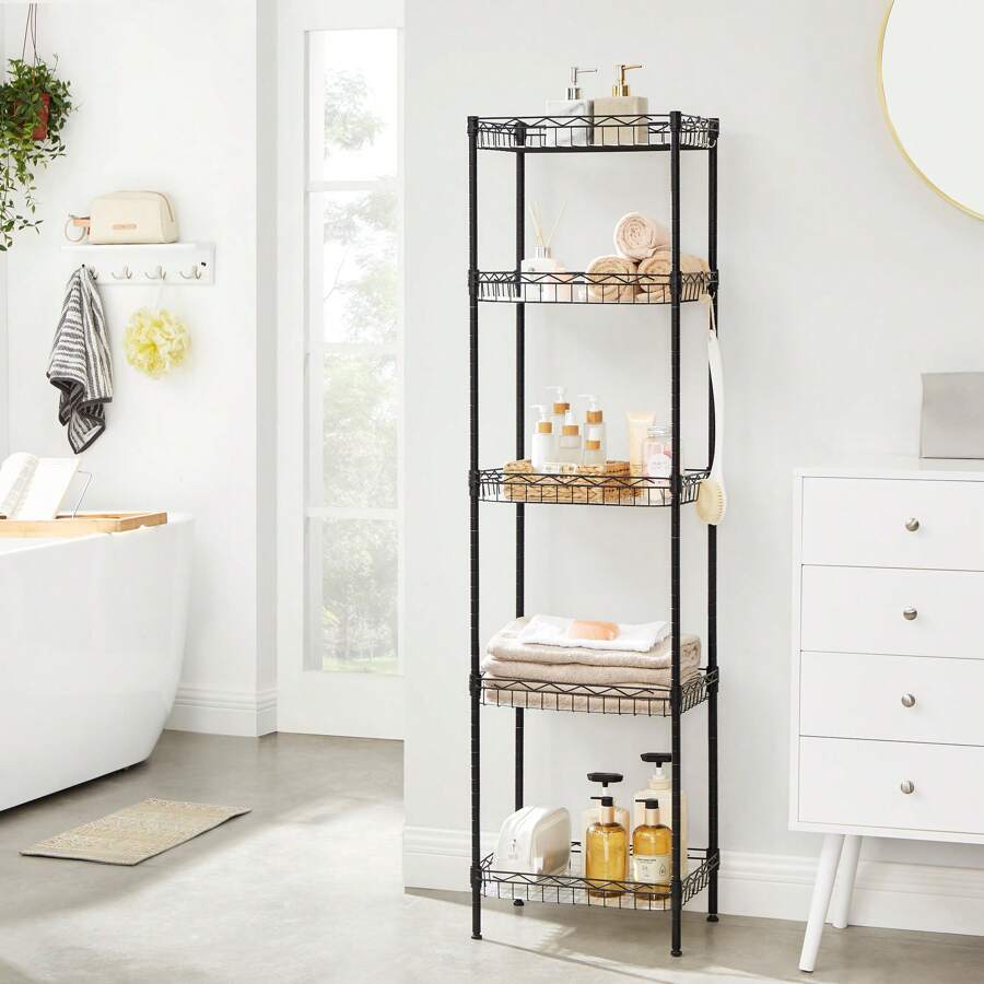 SONGMICS Metal Storage Shelf, Wire Basket Shelving Unit, Kitchen Storage Rack, 4 Hooks, PP Sheets, Adjustable Shelves, Total Load Capacity 100 Kg, For Bathroom, Pantry, Small Spaces - Black - View 1