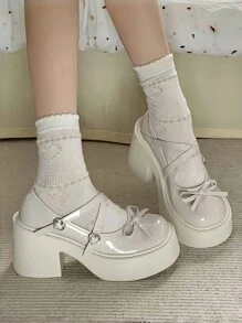 White Mary Jane Flats, Fairy-Inspired, Versatile Vintage Style, Flattering For Petite, Platform Sole, Suitable With Skirts, Summer 2025 New Arrival - White - View 3