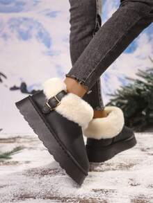 女式厚毛绒衬里雪地靴，带毛绒领口，及踝高，厚底，增高，修身外观，2024 年秋冬