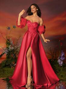 VIPGIRL Thiết kế tay áo phồng trễ vai Satin màu đỏ giúp bạn trông thon gọn và chân dài, đầm dạ hội cao cấp - Đỏ - Xem 1