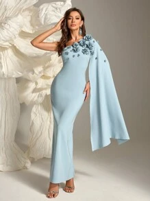 Elisanya 女式 3D 花卉装饰不对称领口超长袖连衣裙，优雅正式晚会礼服，适合婚礼宾客、毕业典礼、晚宴派对礼服 - 藍色 - 查看 1