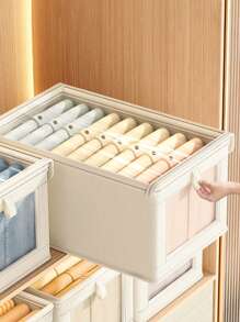 1 Pieza Caja de almacenamiento con cubierta beige, organizador de ropa de tela plegable con ventana transparente, caja de almacenamiento con cajón para pantalones vaqueros, decoraciones para el hogar, decoraciones festivas, decoración de habitación, decoración de dormitorio, vestidos, pantalones, zapatos, vaqueros, botas, faldas, camisetas blancas de mujer, pantalones negros de mujer, ropa de invierno para damas