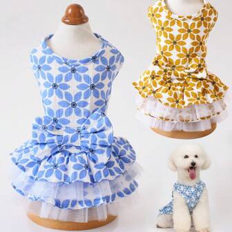 1 pièce Robe pour animal de compagnie à motif floral, robe de chien en tissu respirant et doux avec un nœud, vêtement pour animal de compagnie convenant aux petits chiens