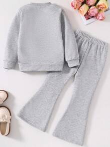 Tween Girls Butterfly & Letter Print Crew Neck Sweatshirt And Flared Pants Casual Outfit - Grey - View 2