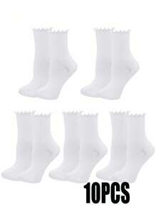 5 Pairs Women White Novelty Cute Ruffled Frilly Ankle Crew Socks - White - View 4