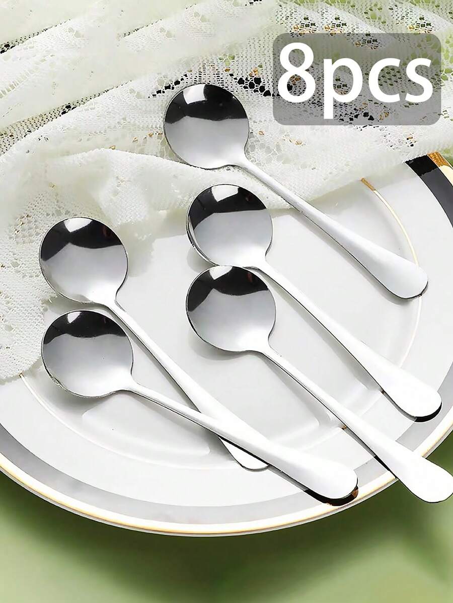 8pcs Stainless Steel Spoon Round Head Spoon Dessert Cake Spoon Suitable For Family Party Party Restaurant Hotel Cutlery, Kitchen, Christmas Gift - Silver - View 1