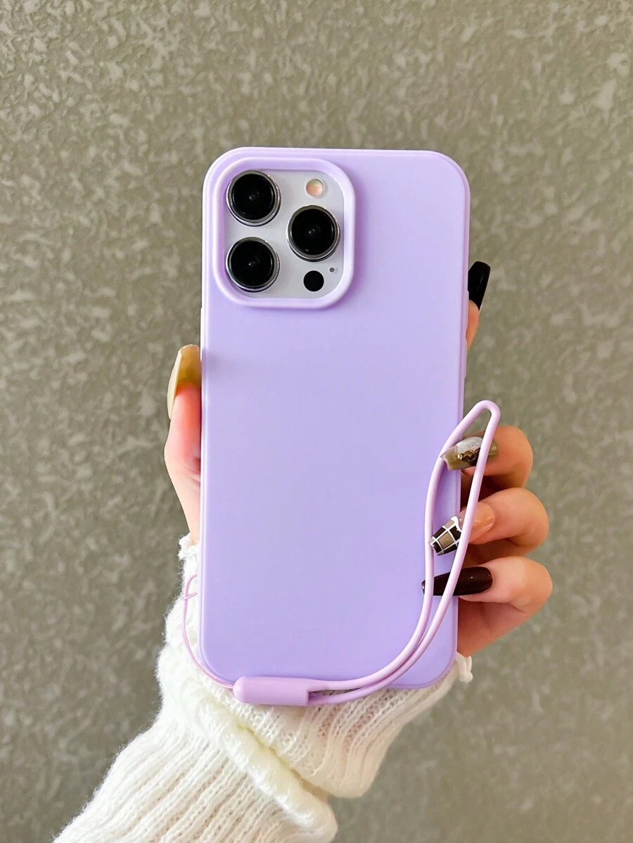 硅胶手机壳大孔紫色糖果简约纯色磨砂防摔手机壳带挂绳，适用于 Apple 11、12、13、14、15、16、16 Plus、13 Pro Max、XR、16、14 Plus、14 Pro Max、13 Pro Mini 防水防震防刮 - 紫色帶掛繩 - 查看 1