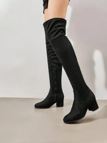 Women Comfortable Over The Knee Thigh High Boots Soft Stretch Suede Leather Chunky Heel Boots For Autumn Winter Casual Commute Wearing Halloween Holiday Gift - Black - View 3