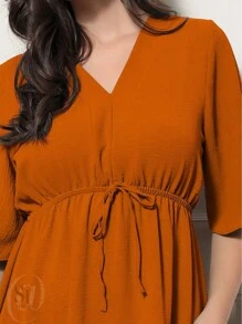 Women's Short Ruffle Dress Casual Duna Short Sleeve Midi Party Evangelical Fashion Elastic Waist. - Terracotta - View 5