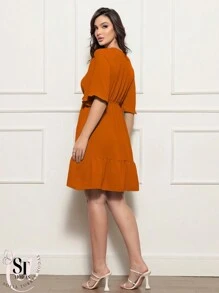Women's Short Ruffle Dress Casual Duna Short Sleeve Midi Party Evangelical Fashion Elastic Waist. - Terracotta - View 3