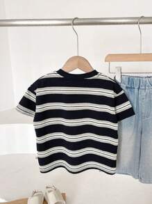 Áo thun tay ngắn sọc thêu hình gấu trúc cho bé trai mùa hè mới đa năng - Đen và trắng - Xem 4