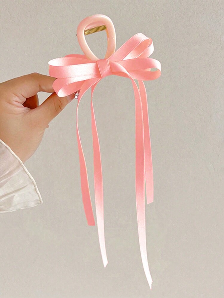 1pc Women's Solid Color Double Layer Bow Hair Clip With Streamer For Daily Use, Cute Clip Flower Valentine's Day Lover Hair Clip Hair Clip Hair Clip Hair Clip, Bow Accessories, School Supplies, College Fall Winter Claw Clip Hair Accessories For Women For Vacation Outfits Woman - Pink - View 2