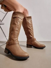 Women's Turtle Black Knee High Motorcycle Riding Winter Boots Wide Calf - Lạc đà - Xem 1