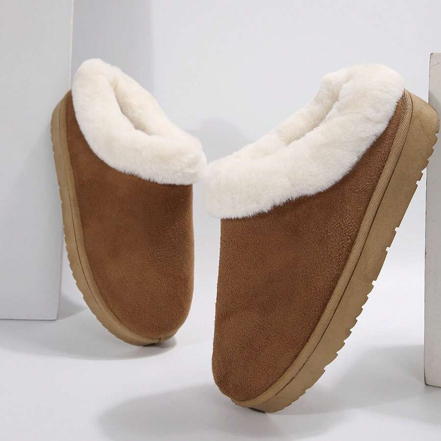 Women's Thick Flat Slippers - Thick Padded Cotton Shoes With Thick Soles Short Boots Casual,Indoor Outdoor Rubber Bottom Bootie For Winter - 卡其色 - 查看 1
