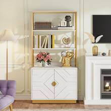 Tribesigns Tall Etagere Bookcase, White And Gold Bookshelf With Three Shelves & Two Cabinets, Modern Open Display With Metal Frame - Bạch kim - Xem 3