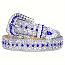 Punk Western Rhinestone Belt For Men, Fashionable Luxury Western Style Cowboy Handcrafted Inlaid Crystal Shiny Metal Buckle S Long Pants Belt Party,School Fall, Autumn, Halloween - Blue - View 2