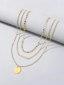 3 件套金色多层圆形铜盘和椭圆形吊坠手工制作链条项链毛衣首饰女士 - 金黃色 - 查看 3