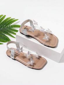 适合女孩的漂亮水钻凉鞋，新款夏季平底仙女款带裙摆，海滩度假闪亮凉鞋 - 銀色 - 查看 2