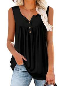 RANLEGE Women's Solid Color Button-Up Loose Casual Tank Top, Summer - Black - View 1