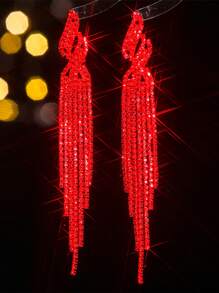 1 对奢华全水钻流苏耳环，时尚百搭，适合女性 - 紅色 - 查看 3