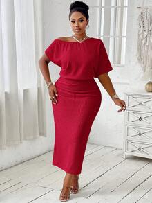 BIUBIU Plus Size Solid Color Asymmetrical Shoulder Casual Dress - Red - View 4