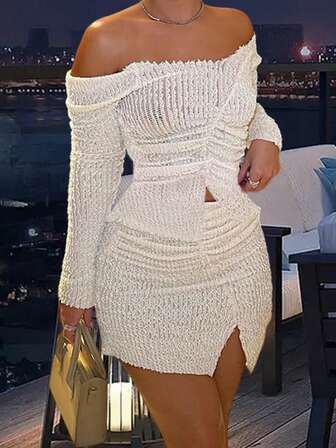 2pcs Women's Solid Color Long Sleeve Pleated Crop Top And Bodycon Mini Skirt Set, Spring/Fall