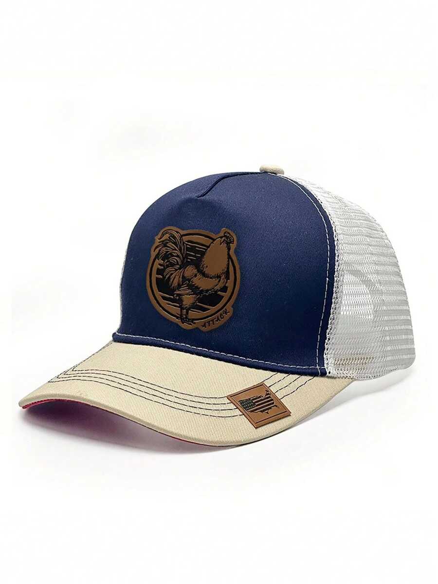1 pieza Gorra de béisbol con patrón de gallo de granja - Diseño de parche de piel único, parte trasera de malla transpirable, cierre de presión, ajuste para todas las estaciones, lavado a mano - Estilo casual y para exteriores - gorra de béisbol con diseño de gallo y diseño color block - Ver 1