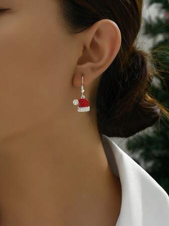 1pair Cute Mini Fully Rhinestone Santa Hat Earrings, Christmas Jewelry Gift For Women, Party & Daily Wear