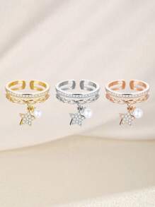 1pc Delicate And Classy Pave Zirconia Star & Faux Pearl Charm Ring For Girls Party Banquet Glamorous Jewelry For Daily Wear
