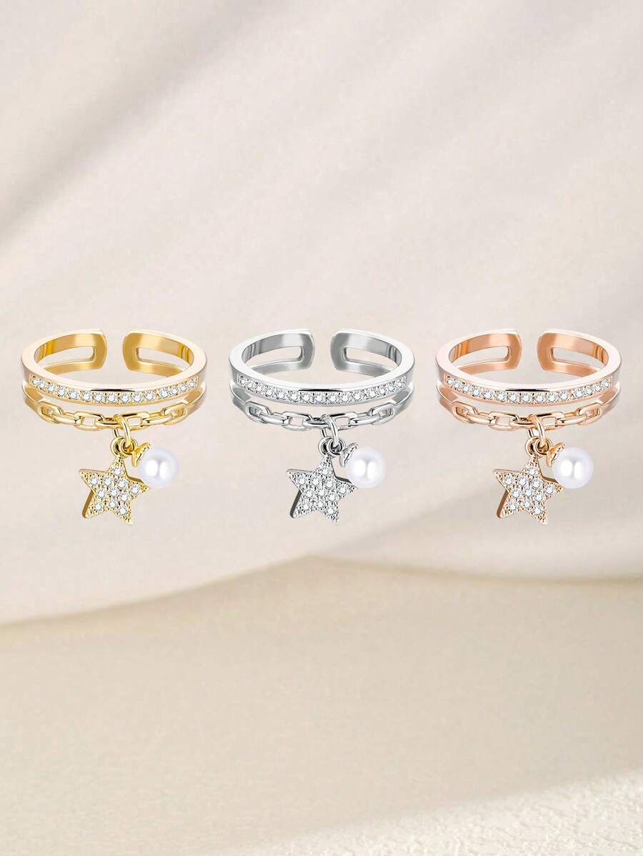 1pc Delicate And Classy Pave Zirconia Star & Faux Pearl Charm Ring For Girls Party Banquet Glamorous Jewelry For Daily Wear
