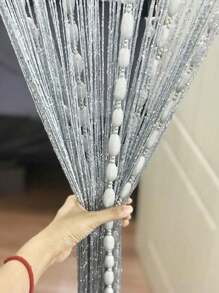 1pc Home Decoration Door String Curtain Flat Silver Ribbon Thread With Shaggy Tassel Room Divider, 39inx79in - Xám - Xem 3